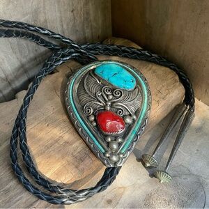 Old Pawn Signed Turquoise, Coral & Sterling Silver Bolo Tie Native American